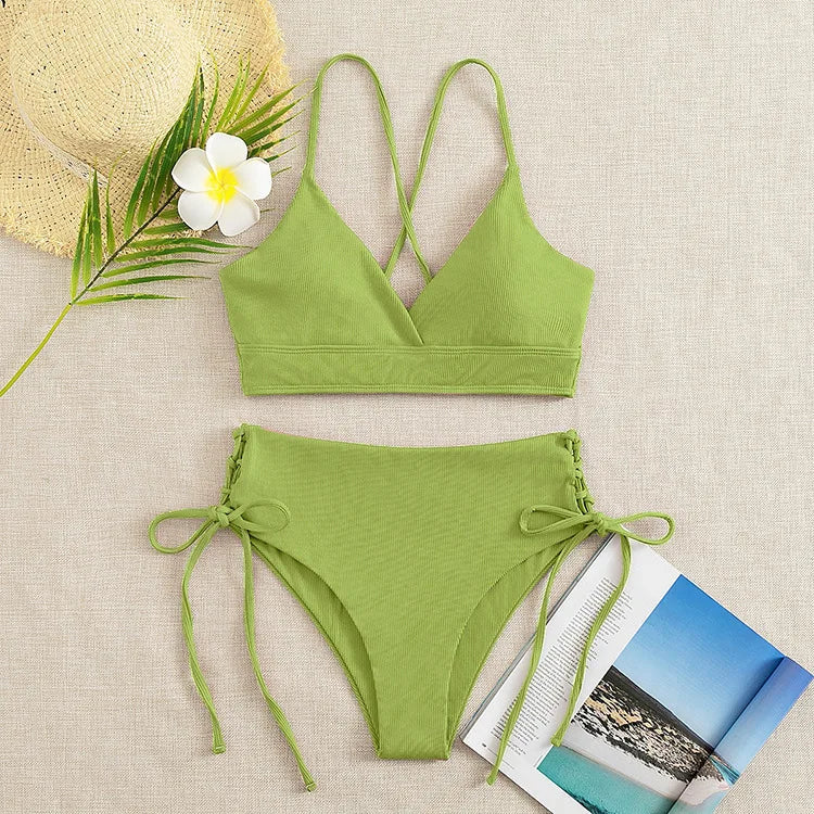 V-Neck Split Bikini Set for Women, Swimsuit, Lace Up, Triangular Bikinis, Solid Color, Beach Swimwear, Bathing Suit