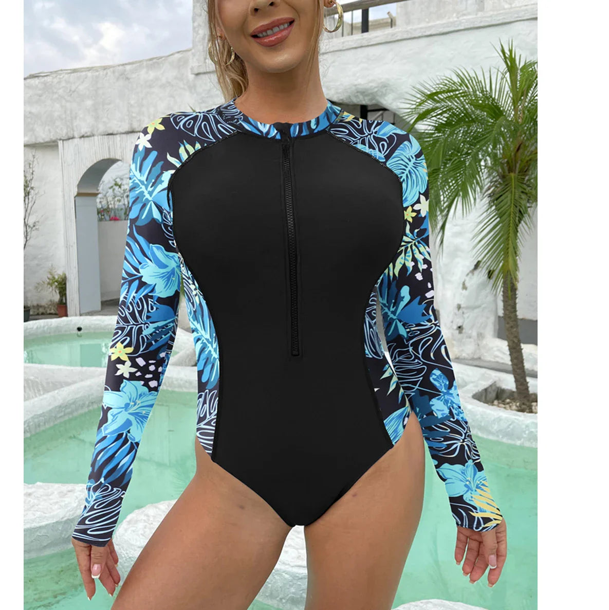 Coloured Flowers Long Sleeves Swimwear Women Surfing Swimsuits