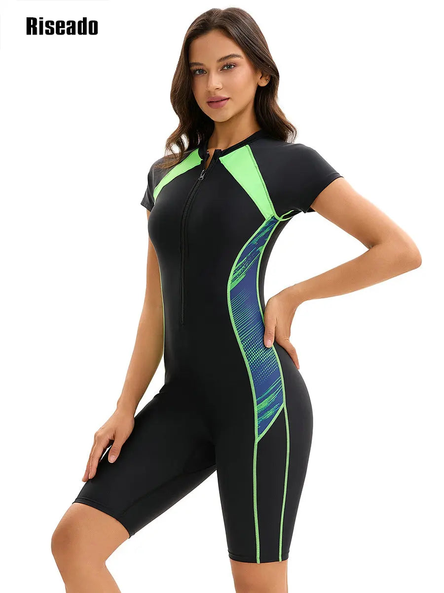 Women's 1 Piece Rash Guard Short Sleeve UPF 50+ Swim Shirt Built in Bra Bathing Suit with Boyshorts Bottoms