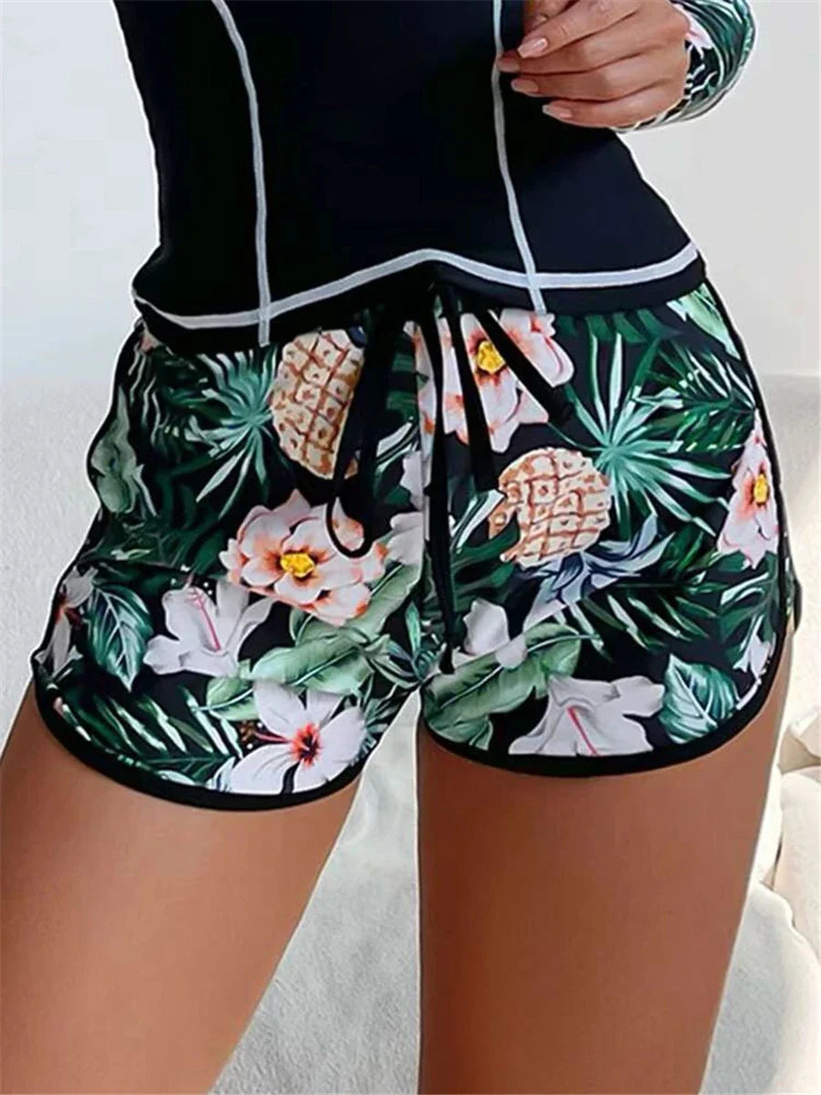 Long Sleeve Rash guard Swimsuit Women Tropical Printed Swimwear Two Pieces Diving Clothes Bathing Suit Surfing Beachwear