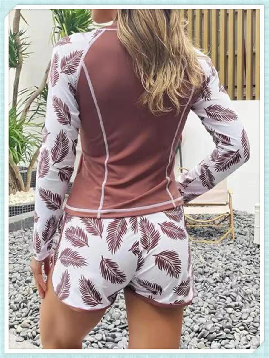 Long Sleeve Rash guard Swimsuit Women Tropical Printed Swimwear Two Pieces Diving Clothes Bathing Suit Surfing Beachwear
