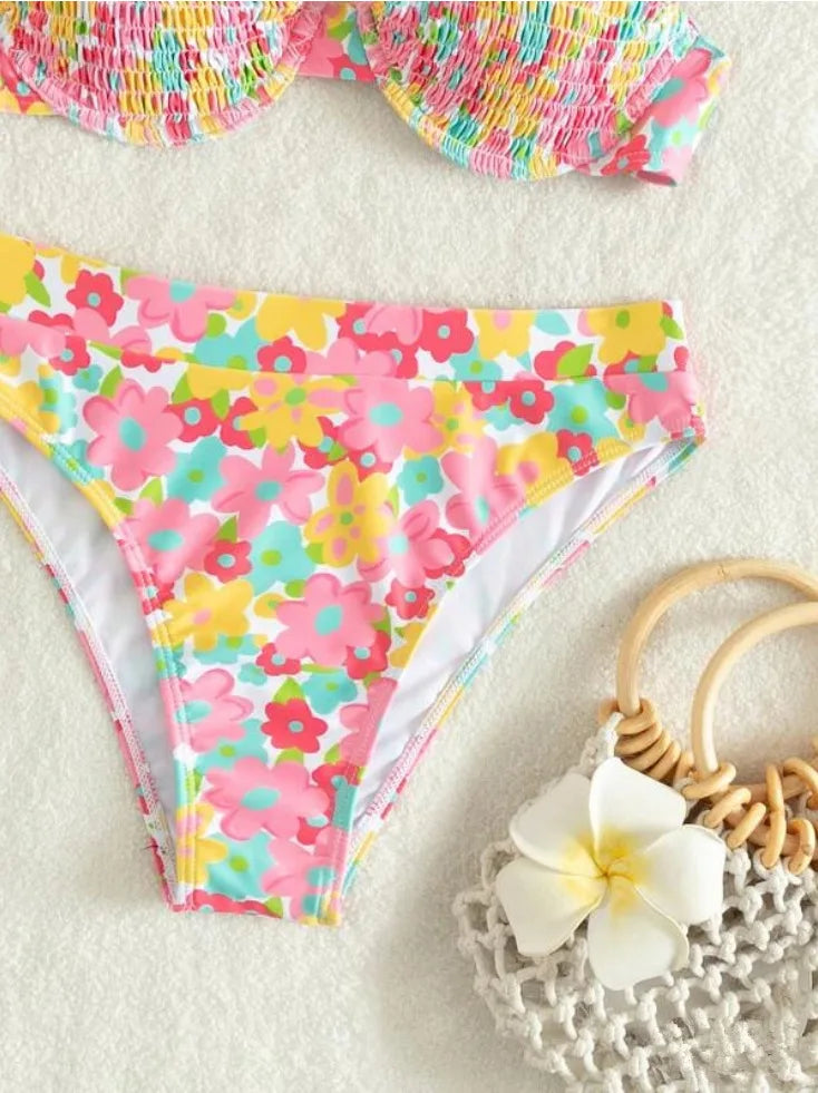 Bikini Women Swimsuit Floral Print Push Up Bikinis Set Thong Swimwear Smocked Summer Beachwear Bathing Suit Female