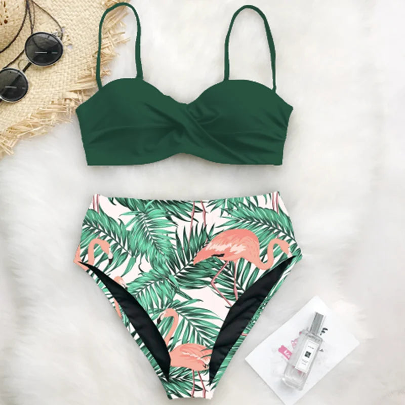 High Waist Bikini Set Women Bikini Flower Swimwear Vintage Halter neck Swimsuit Female Biquini Bain Deep Blue Bathing Suit