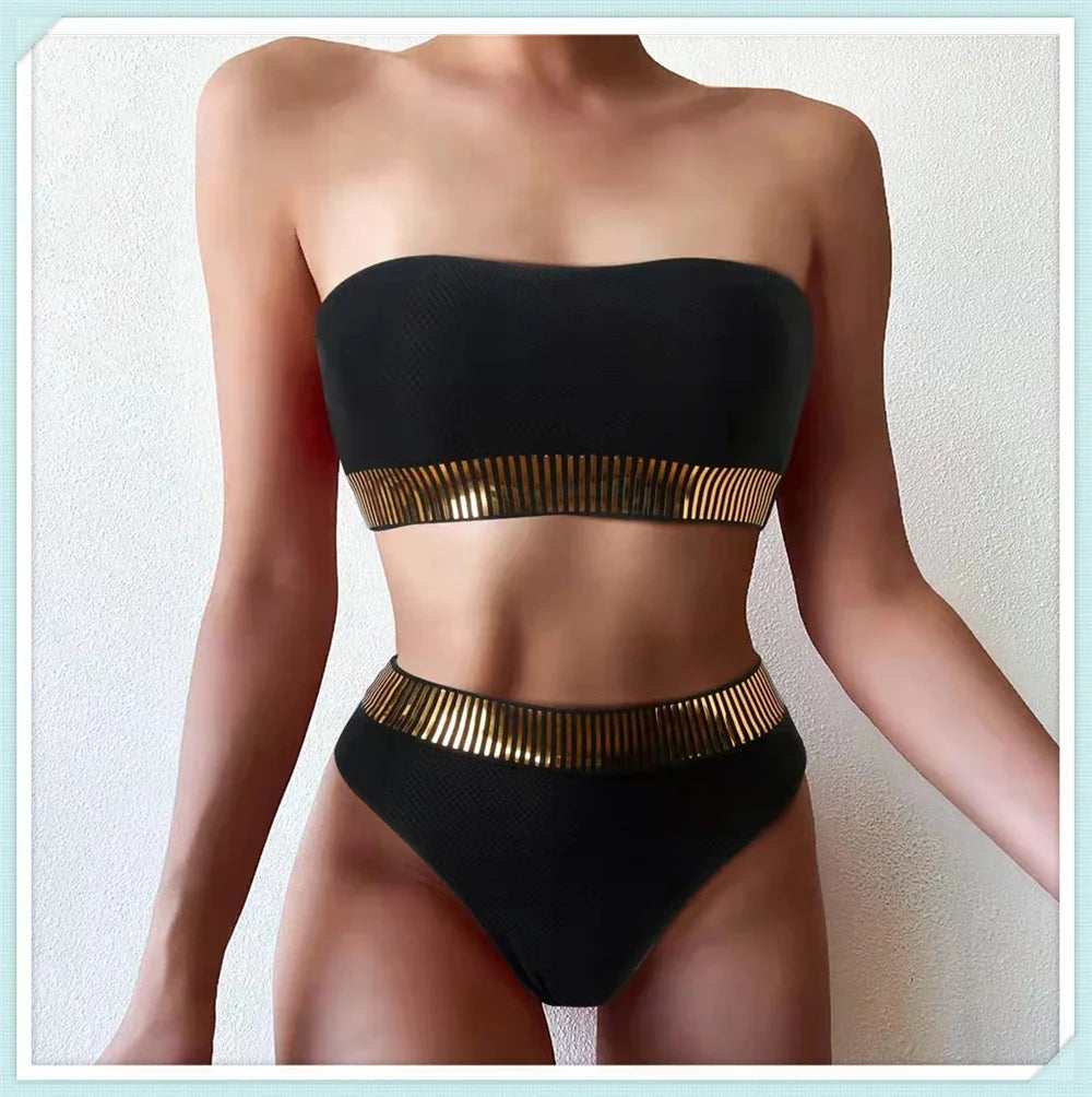 Bandeau High Waist Bikini Women Triangle Swimsuit Stitch Detail Swimwear Padded Bathing Suit Female Solid Beachwear