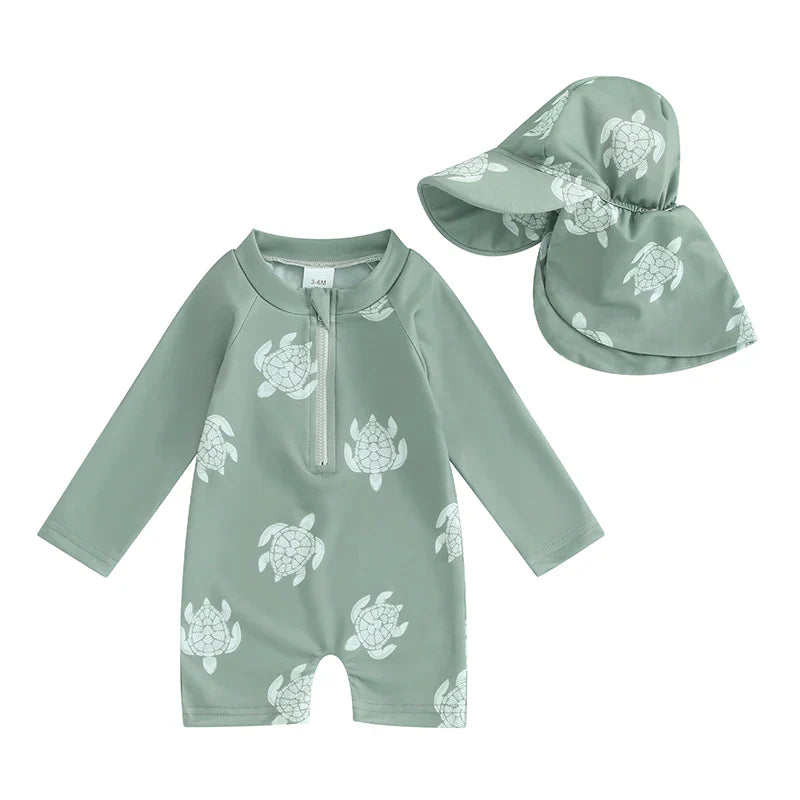Tregren Toddler Boys Rash Guard Swimsuit Long Sleeve Turtle/Dinosaur Print Infant Bathing Suit Swimwear with Swim Caps Beachwear