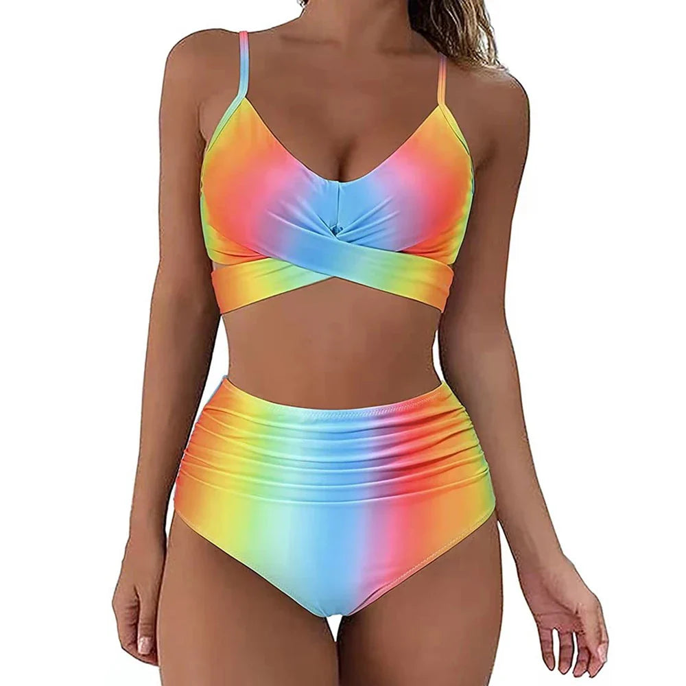 12 Colors Women Slim Bikini Sets High Waisted Swimwear 2 Pieces Solid/Floral Ruched Brazilian Swimsuit Cross Front