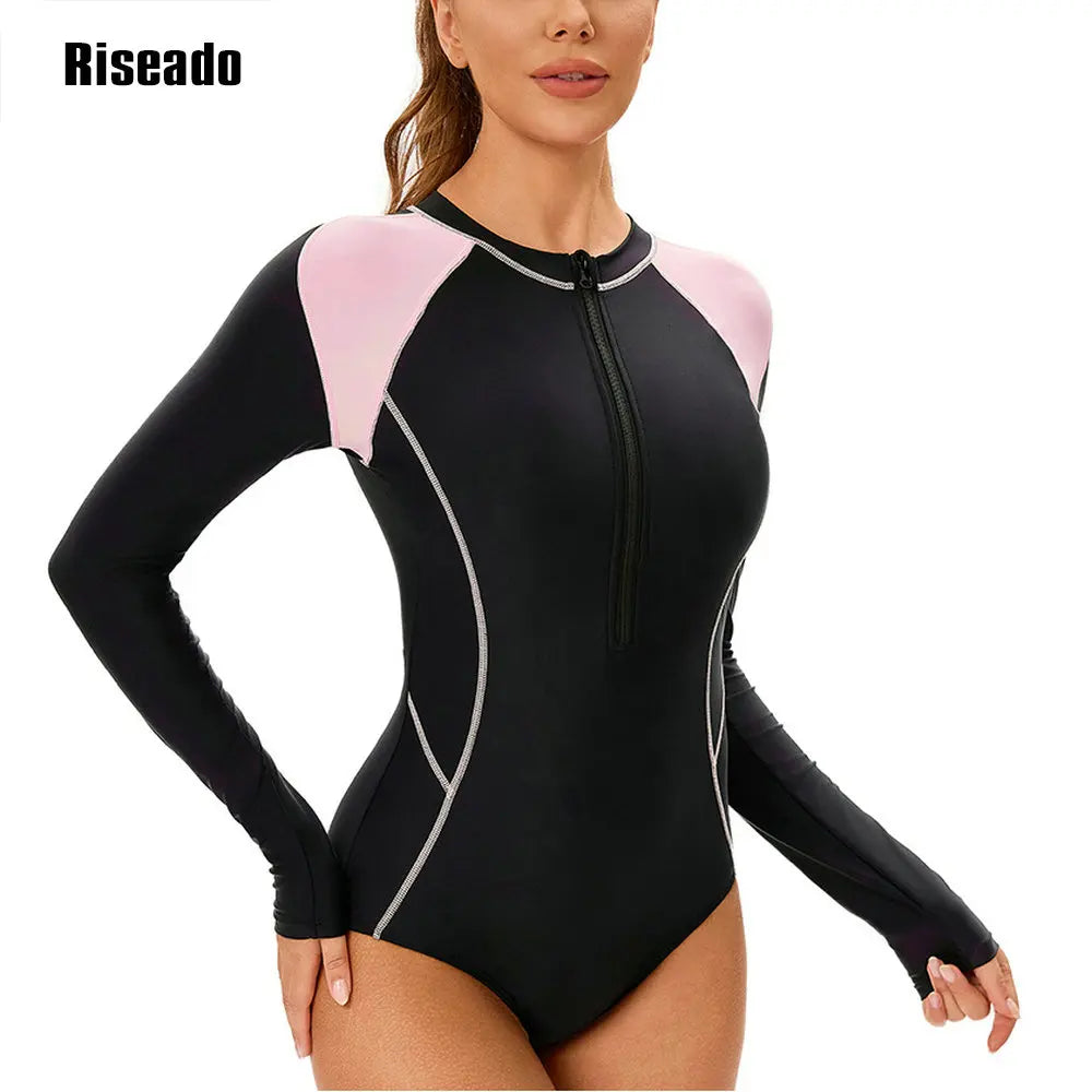 Women's Long Sleeve Rash Guard UV Protection Zipper Printed Surfing One Piece Swimsuit Swimming Beach Wear Bathing Suit