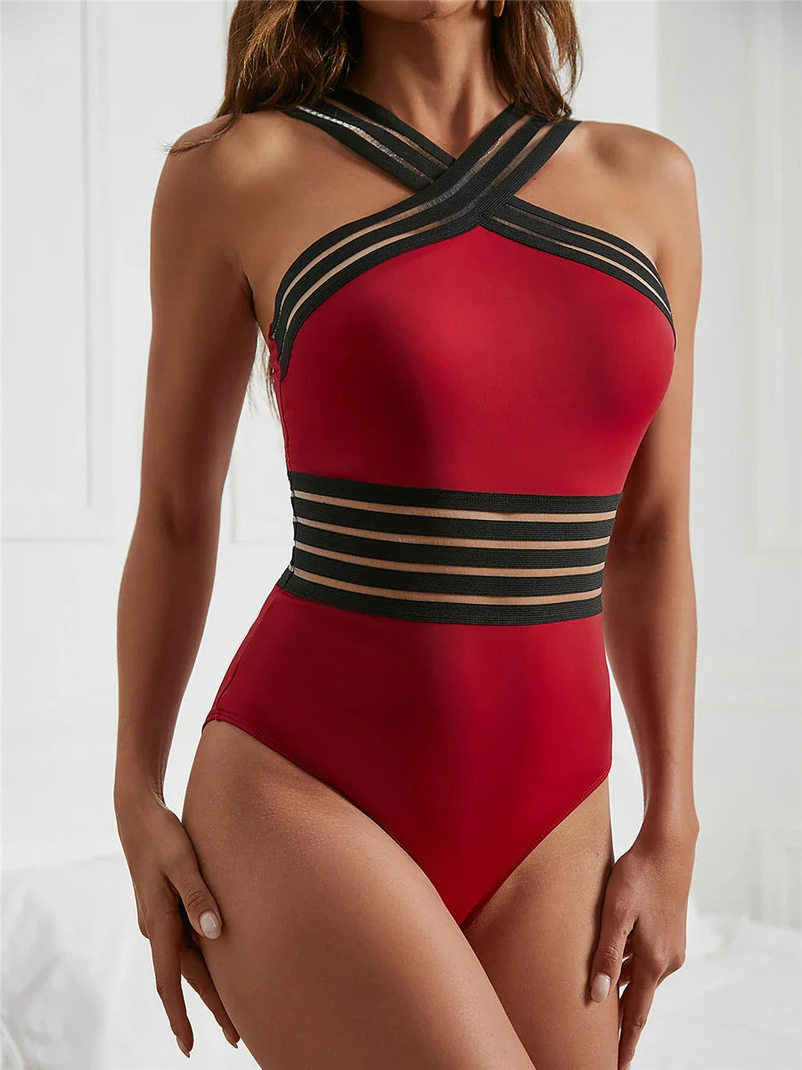 Solid Mesh Tape Swimsuit One Piece High Neck Swimwear Women Cross Front Bathing Suit Female Padded Beachwear Bodysuit