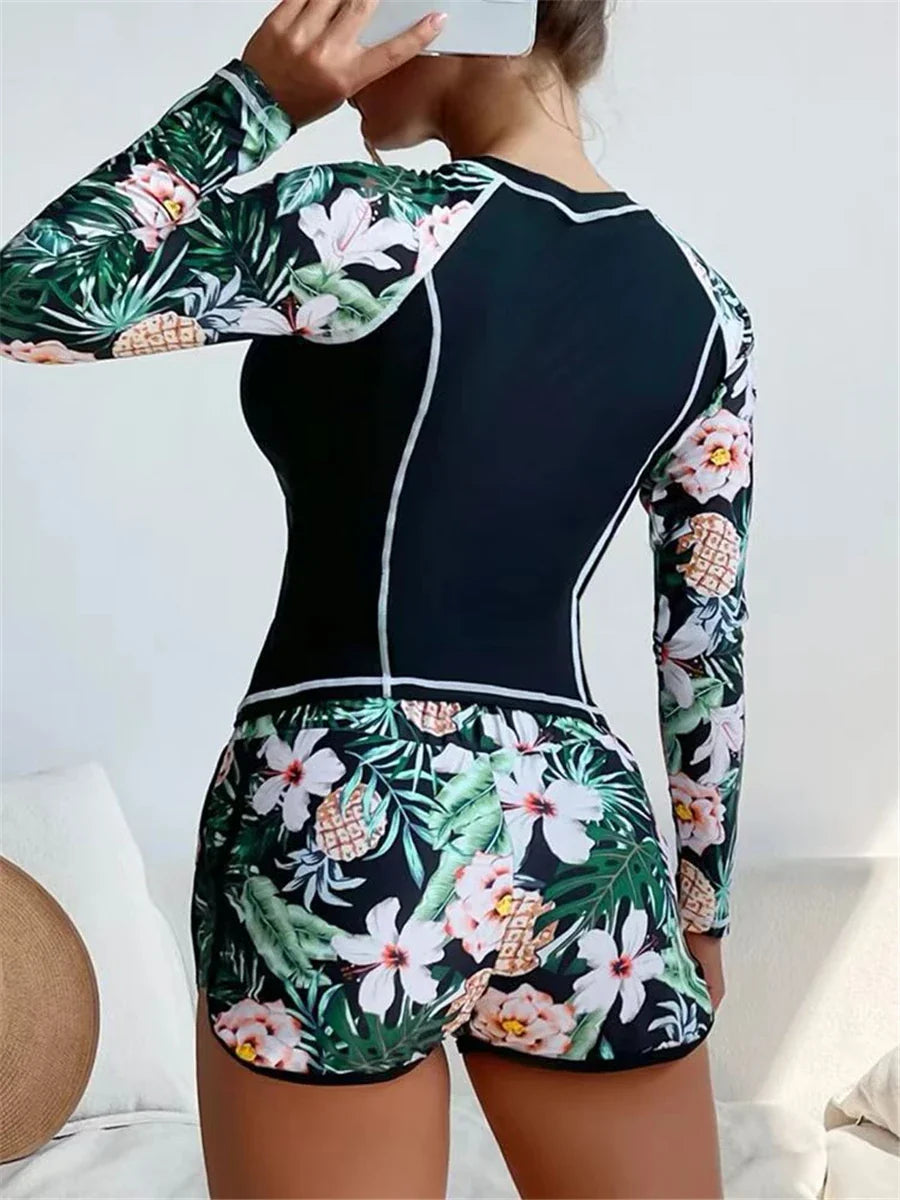 Long Sleeve Rash guard Swimsuit Women Tropical Printed Swimwear Two Pieces Diving Clothes Bathing Suit Surfing Beachwear