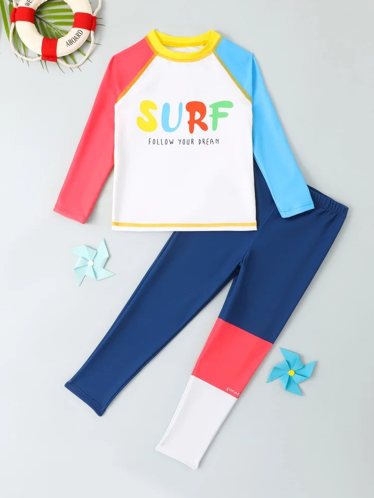 Boy Kids Swimsuit Solid Letter Long Sleeves Trousers Children Swimwear Summer Two Piece Beachwear Bathing Suit Swimming