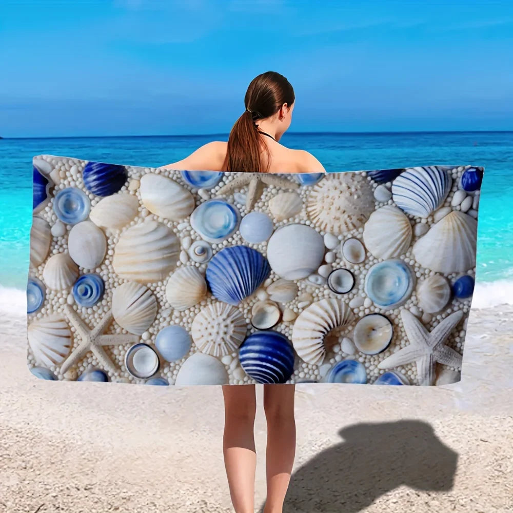 Starfish shell pearl gravel print beautiful beach towel, extra large super soft microfiber bath towel for beach travel
