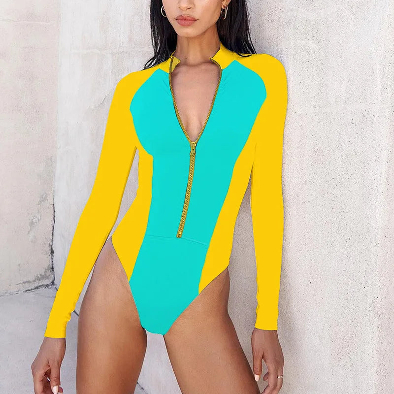 Patchwork One Piece Swimsuit Long Sleeve Swimwear Women Bathing Suit Retro Zipper Swimsuit One Piece Surfing Swim Wear