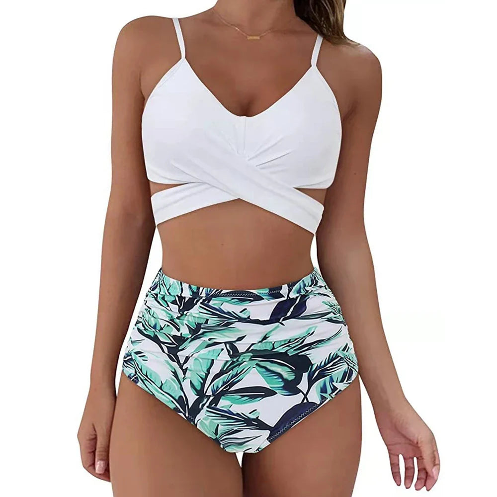 12 Colors Women Slim Bikini Sets High Waisted Swimwear 2 Pieces Solid/Floral Ruched Brazilian Swimsuit Cross Front
