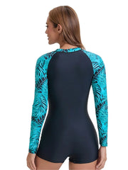 Rash Guard Leaf Print Patchwork Sport Swimwear Women Zipper One Piece Swimsuit Female Surfing Suits Professional Bathing Suit Swim