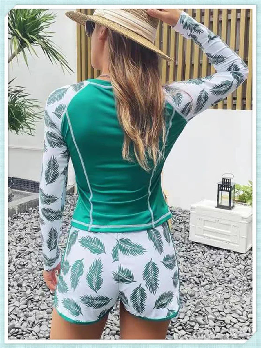 Long Sleeve Rash guard Swimsuit Women Tropical Printed Swimwear Two Pieces Diving Clothes Bathing Suit Surfing Beachwear