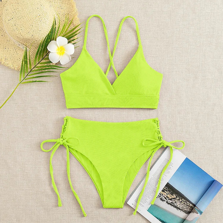 V-Neck Split Bikini Set for Women, Swimsuit, Lace Up, Triangular Bikinis, Solid Color, Beach Swimwear, Bathing Suit