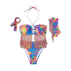 Rainbow Print Long Sleeve Bikini Set Women Bikini Swimsuit Halter Swimsuit Tassels Beach Bathing Suits