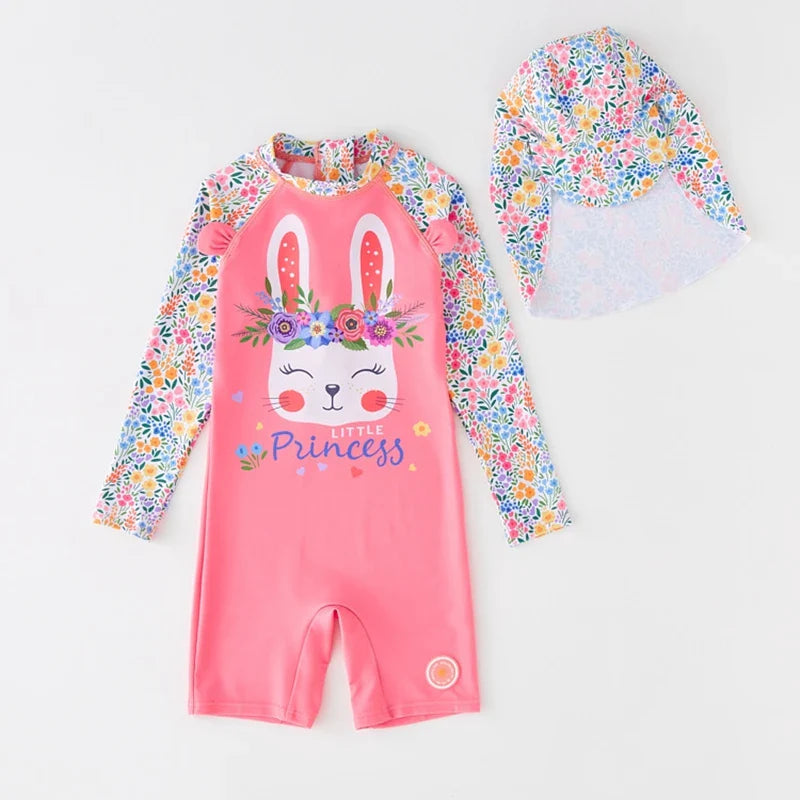 Swimsuit Kids Girl Long Sleeves Swimwear for Girls Cartoon Rabbit UPF50 UV Protection Children's Bathing Suit Beach Clothes Baby