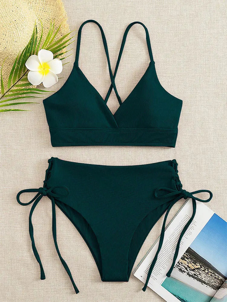 V-Neck Split Bikini Set for Women, Swimsuit, Lace Up, Triangular Bikinis, Solid Color, Beach Swimwear, Bathing Suit