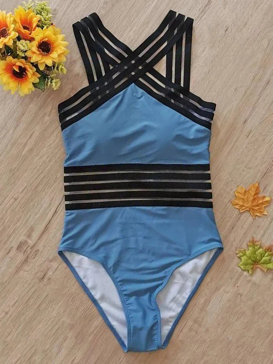 Solid Mesh Tape Swimsuit One Piece High Neck Swimwear Women Cross Front Bathing Suit Female Padded Beachwear Bodysuit