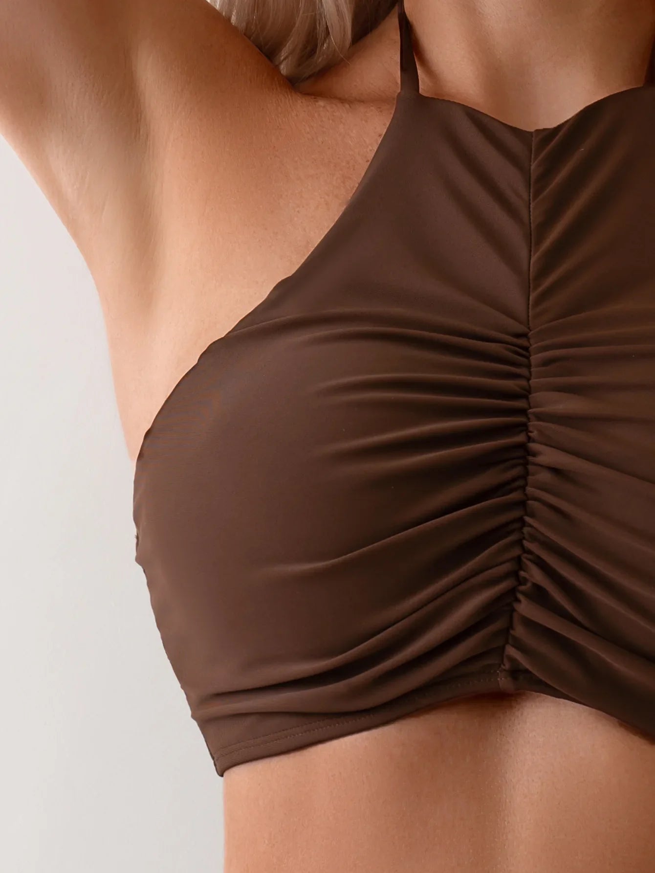 Coffee Coloured Halter Pleated Bikini Set Women