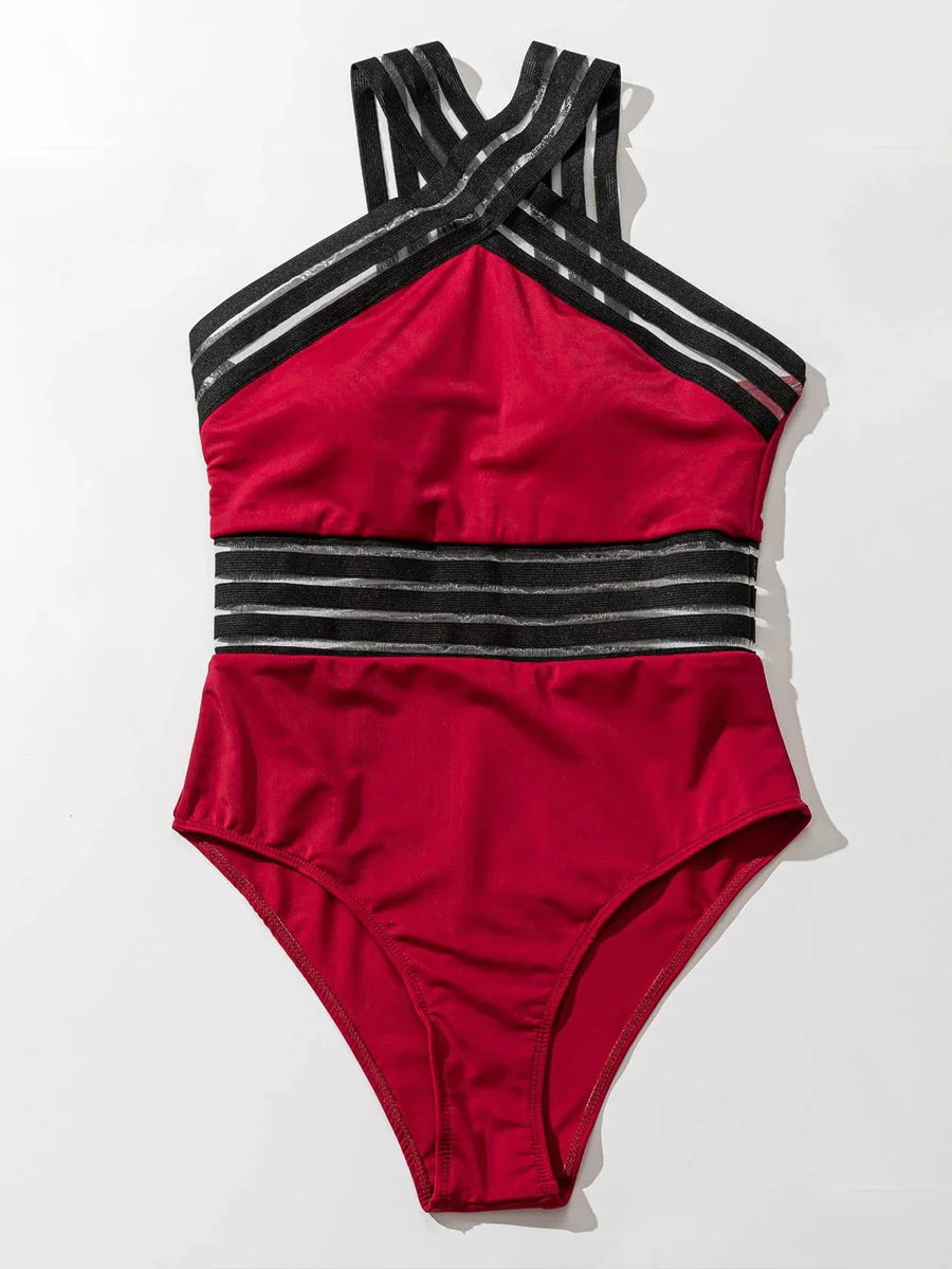 Solid Mesh Tape Swimsuit One Piece High Neck Swimwear Women Cross Front Bathing Suit Female Padded Beachwear Bodysuit
