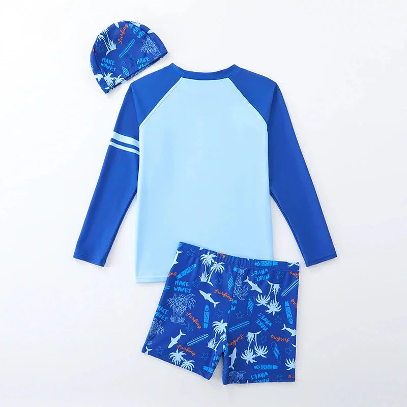 Boys' Long-Sleeved Swimsuit Children Sunscreen Cartoon Swimwear Suit Summer Thin Split Swimming Costume Kids Holiday Beachwear