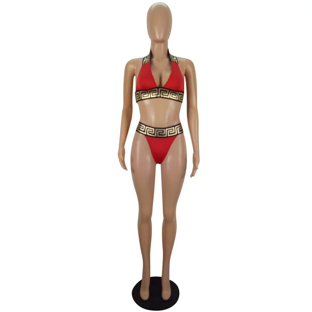 Print Black Push Up Bikini Two Pieces Set Women Swimwear Bandage Halter Swimsuit Bathing Suit