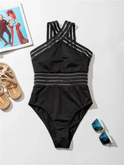 Solid Mesh Tape Swimsuit One Piece High Neck Swimwear Women Cross Front Bathing Suit Female Padded Beachwear Bodysuit