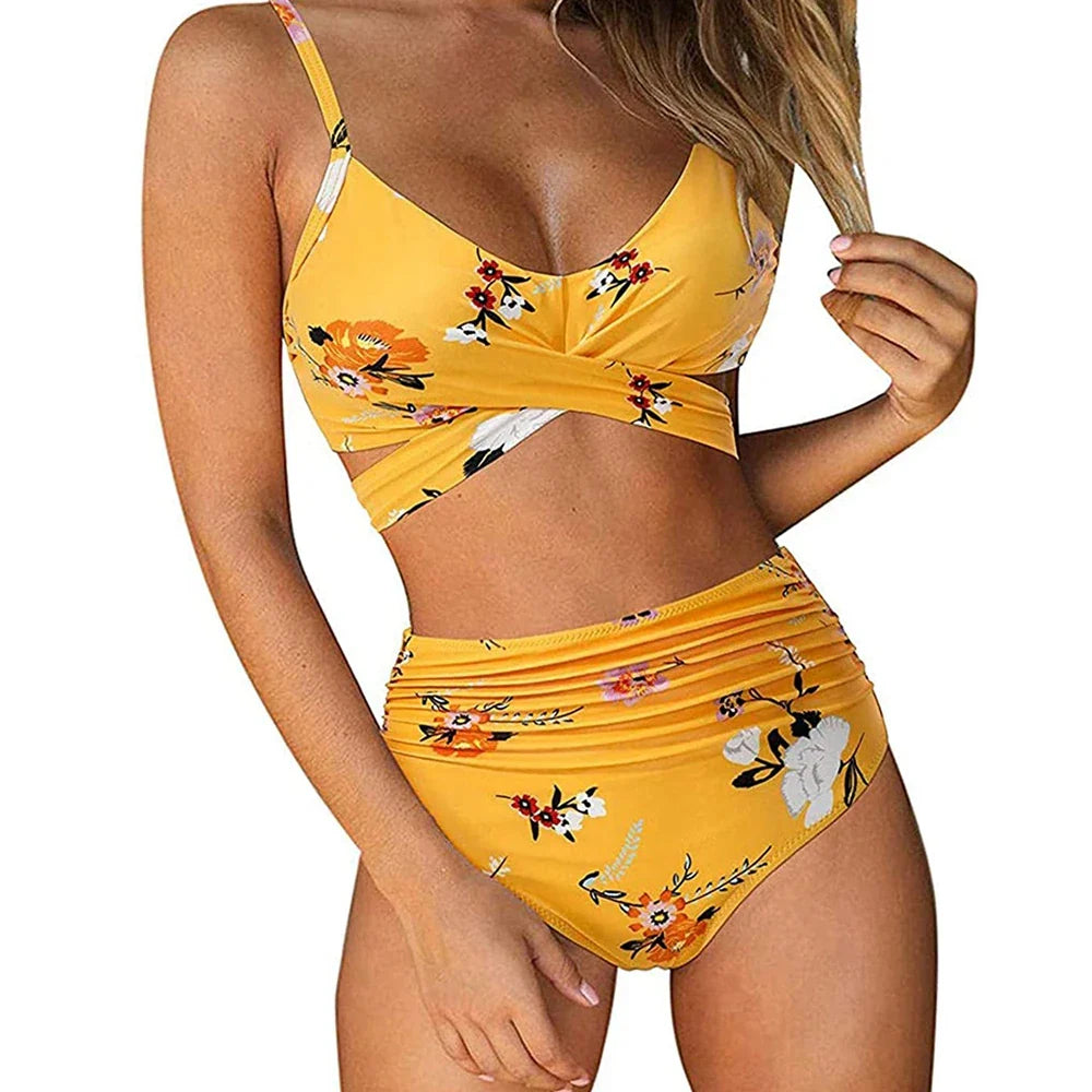 12 Colors Women Slim Bikini Sets High Waisted Swimwear 2 Pieces Solid/Floral Ruched Brazilian Swimsuit Cross Front