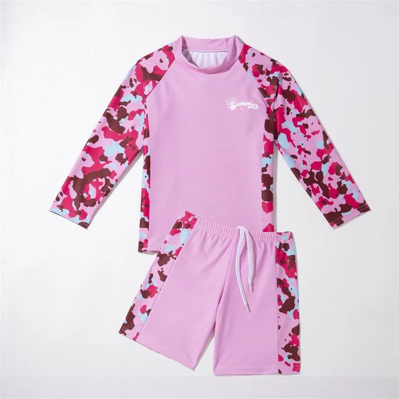 Student Children's Two Pieces Swimsuit Teenage Boys Girls Long Sleeve Top and Shorts Swim Suit Quick Drying  Swimwear Surf Suit