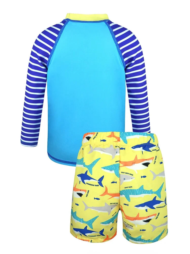 Boy Kids Swimsuit Cartoon Shark Striped Long Sleeves Children Swimwear Summer Two Piece Beachwear Bathing Suit Swimming