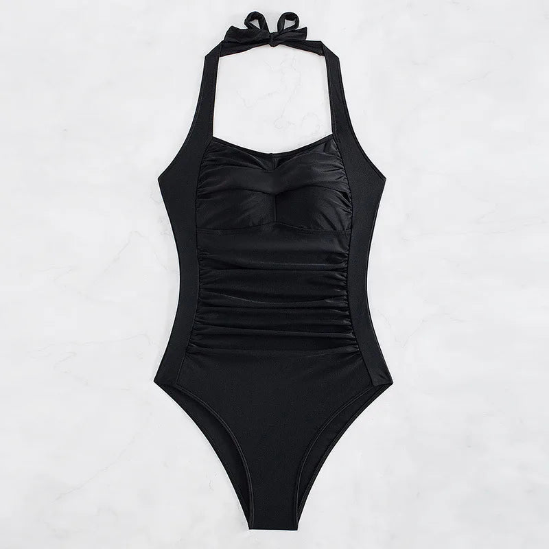 Halter Swimsuit Women One Piece Solid Black Swimwear Female Bathers Bathing Swimming Swim Suit Beachwear