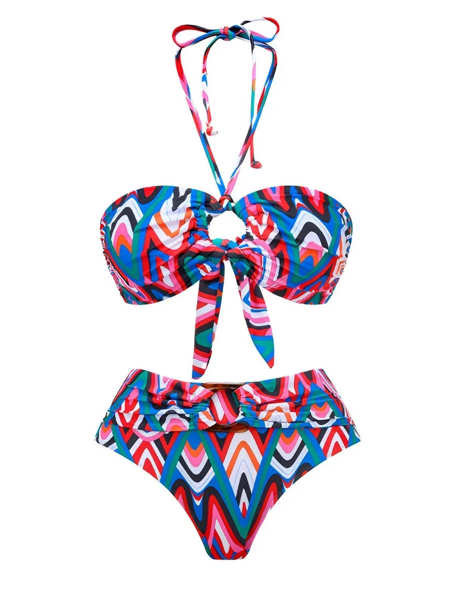 Halter Bandeau Bikini Women High Waist Swimsuit Female Padded Swimwear Bathers Bathing Swimming Swim Suit Summer Beachwear