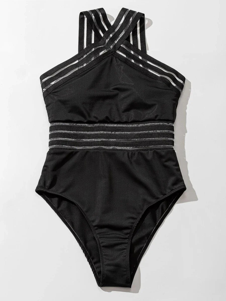 Solid Mesh Tape Swimsuit One Piece High Neck Swimwear Women Cross Front Bathing Suit Female Padded Beachwear Bodysuit