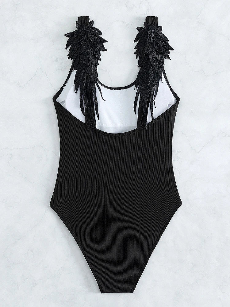 Solid Strapped Swimwear Women 3D Embroidered Wings One Piece Swimsuit Monokini Push UP Summer Bathing Suit