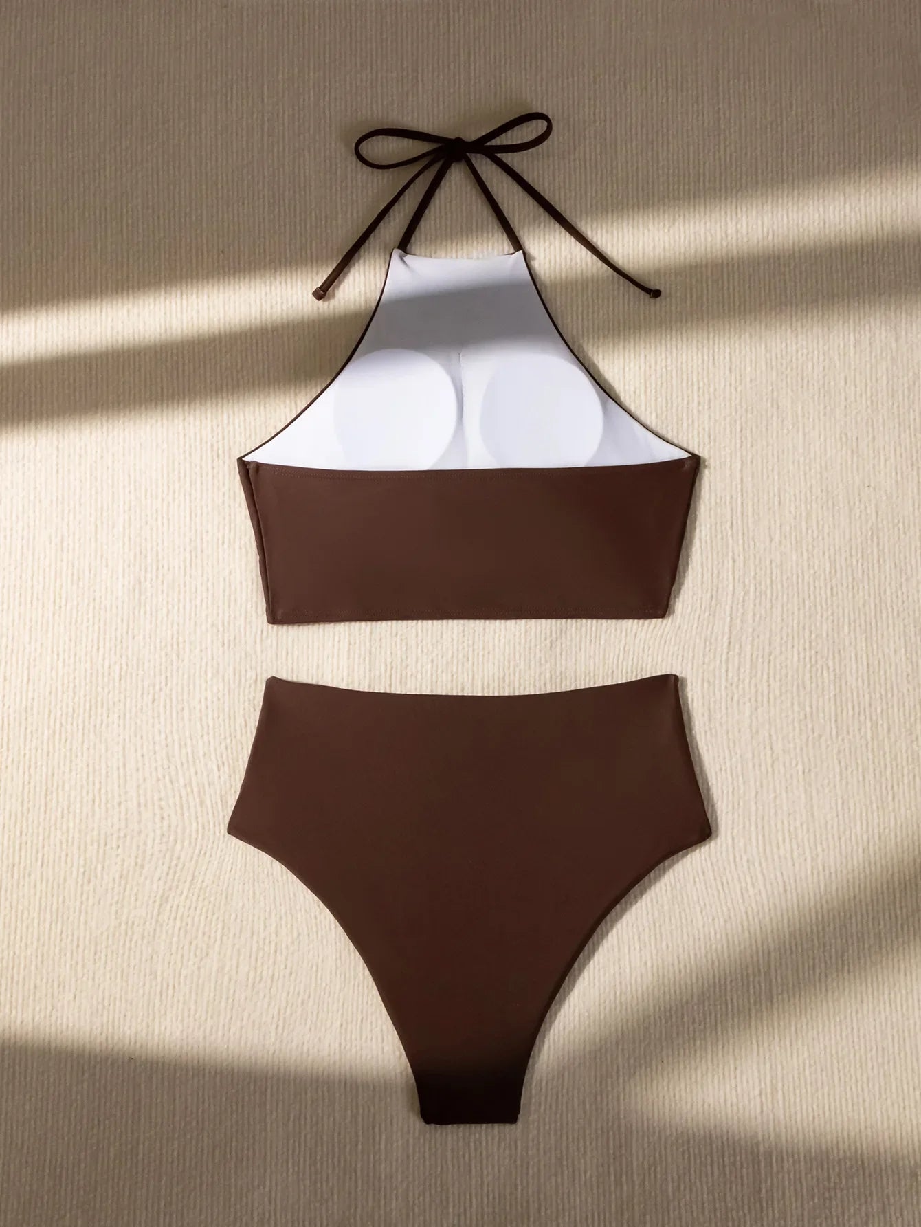 Coffee Coloured Halter Pleated Bikini Set Women