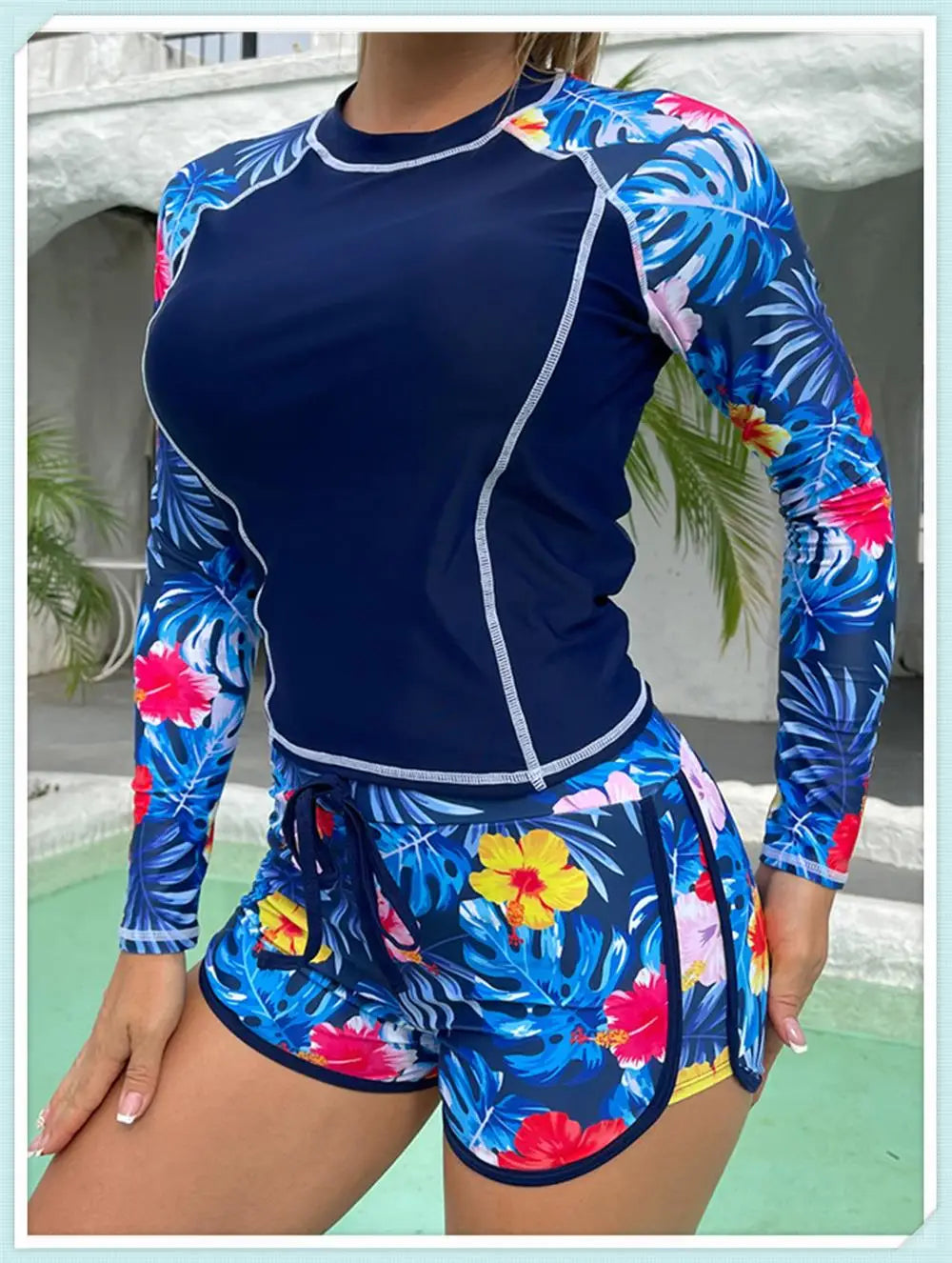 Long Sleeve Rash guard Swimsuit Women Tropical Printed Swimwear Two Pieces Diving Clothes Bathing Suit Surfing Beachwear