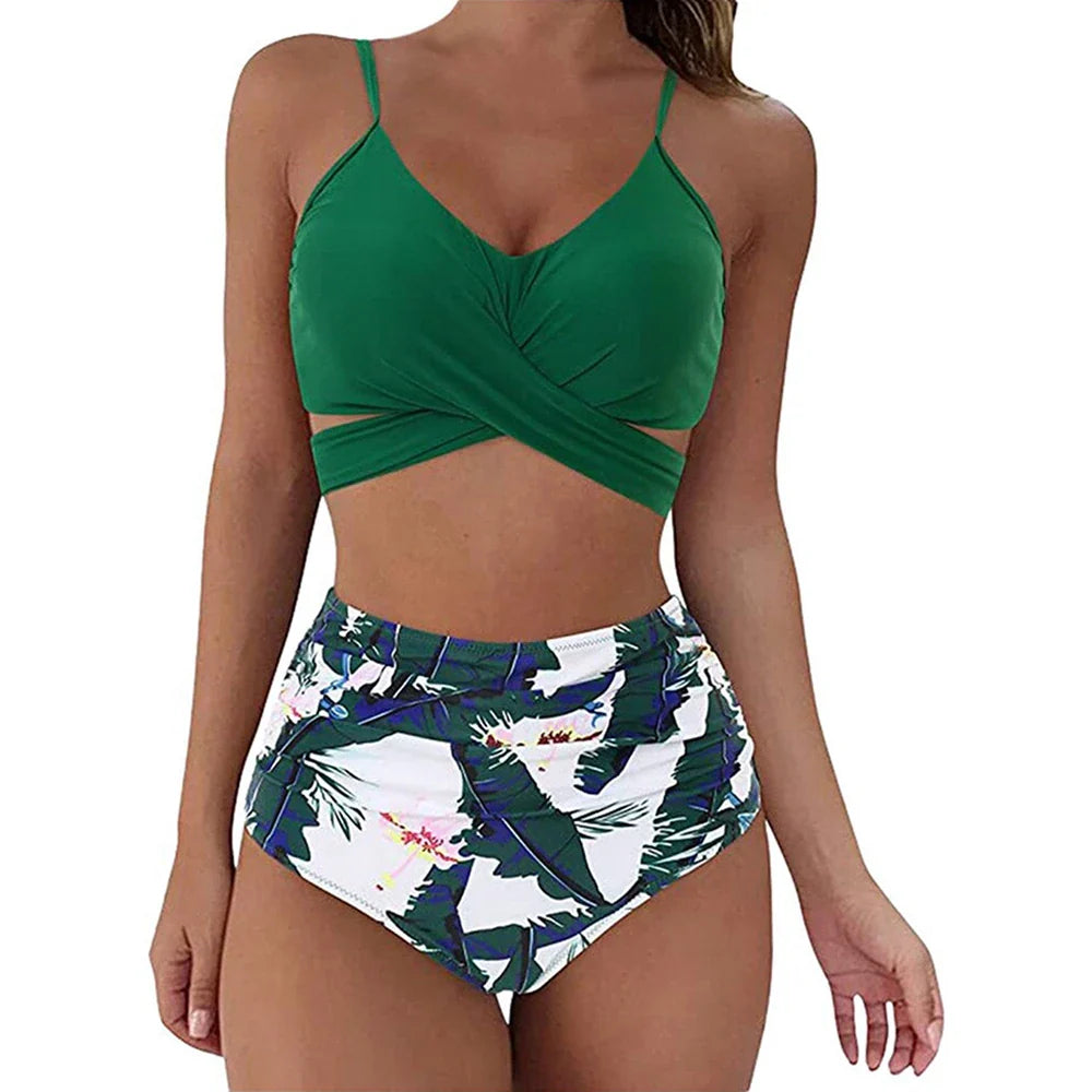 12 Colors Women Slim Bikini Sets High Waisted Swimwear 2 Pieces Solid/Floral Ruched Brazilian Swimsuit Cross Front