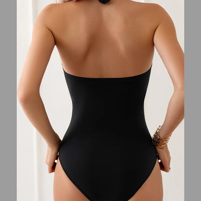 Halter Swimsuit Women One Piece Solid Black Swimwear Female Bathers Bathing Swimming Swim Suit Beachwear