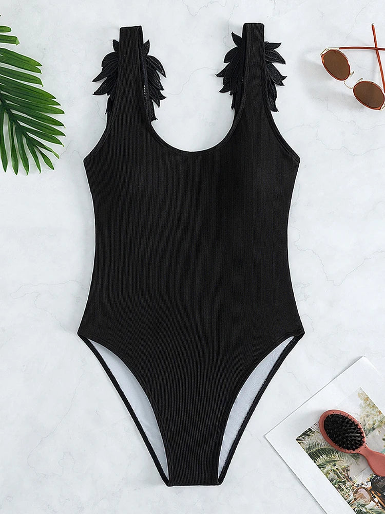Solid Strapped Swimwear Women 3D Embroidered Wings One Piece Swimsuit Monokini Push UP Summer Bathing Suit