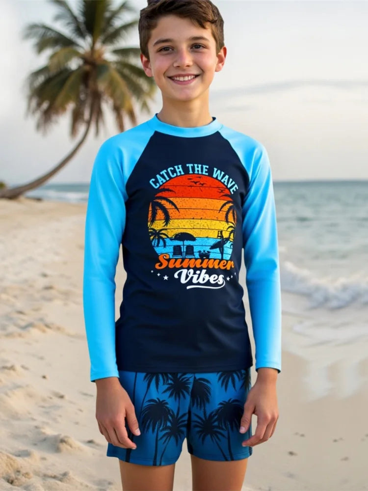 Boy Kids Swimsuit Blue Coconut Tree Long Sleeves Children Swimwear Summer Two Piece Beach Shorts Bathing Suit Swimming