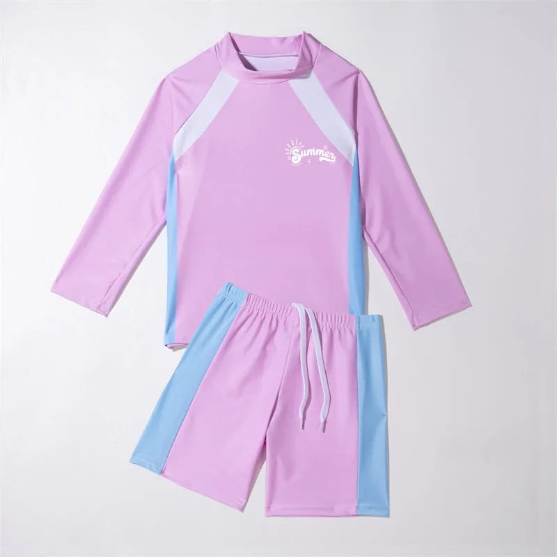 Student Children's Two Pieces Swimsuit Teenage Boys Girls Long Sleeve Top and Shorts Swim Suit Quick Drying  Swimwear Surf Suit