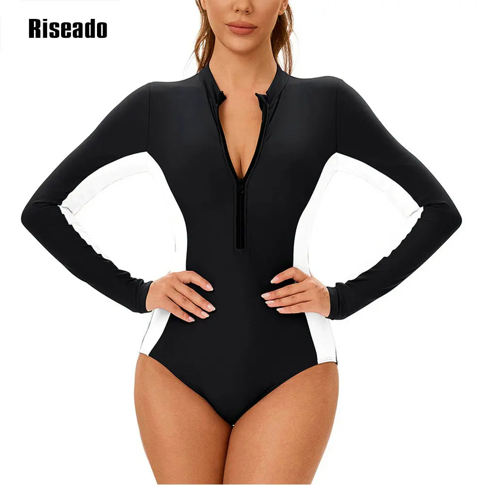 Women's One Piece Swimsuits Long Sleeve Rash Guard UV Protection Surfing Cut Out Swimsuit Plus Size 3XL