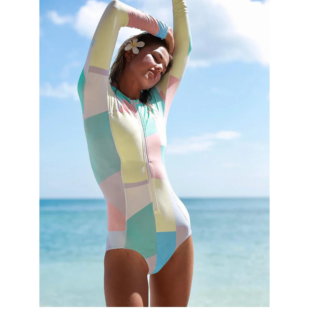 Patchwork One Piece Swimsuit Long Sleeve Swimwear Women Bathing Suit Retro Zipper Swimsuit One Piece Surfing Swim Wear