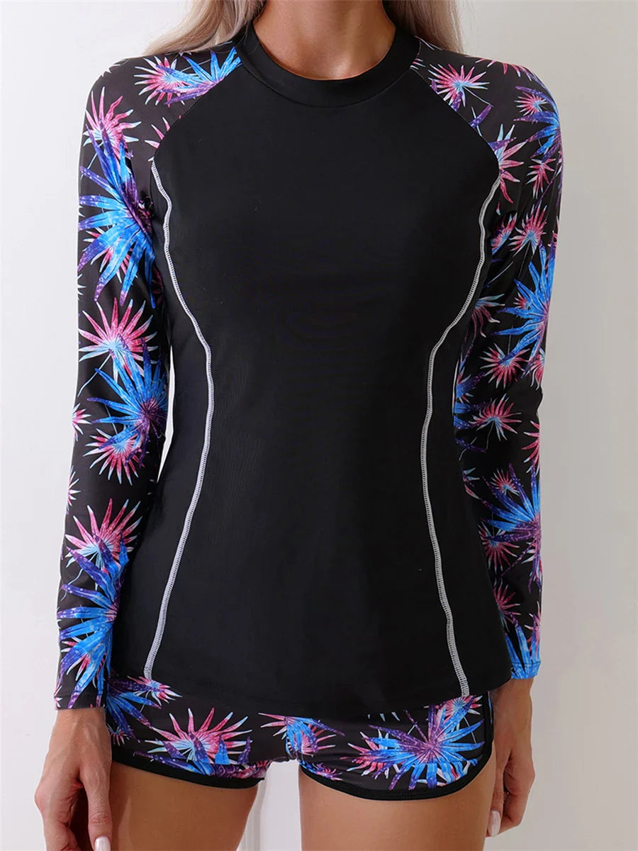 Long Sleeve Rash guard Swimsuit Women Tropical Printed Swimwear Two Pieces Diving Clothes Bathing Suit Surfing Beachwear