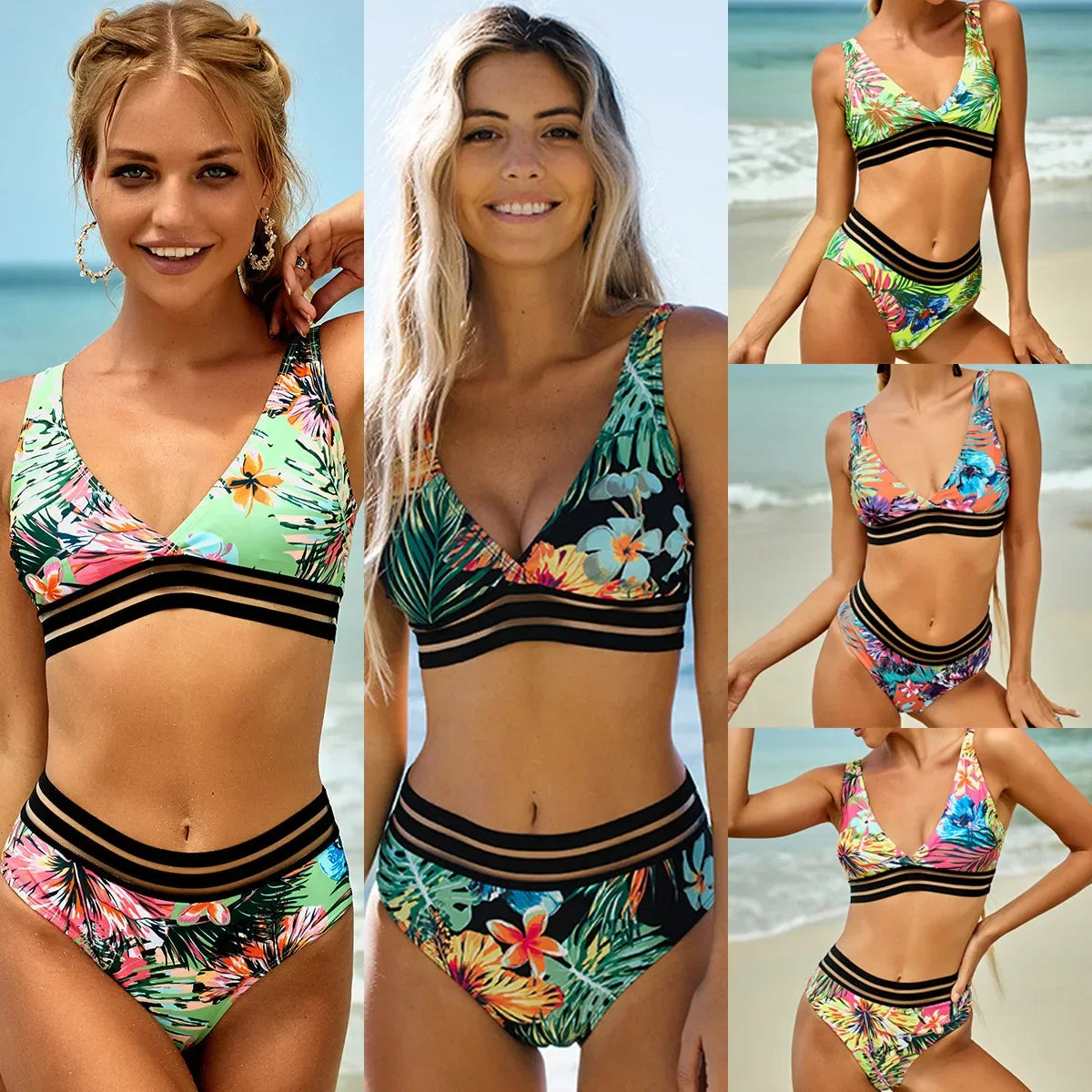 Bikinis Leaves Printed High Waist Two Pieces Bikini Set Swimsuit Female Women Beachwear Swimwear Bather Bathing Suit