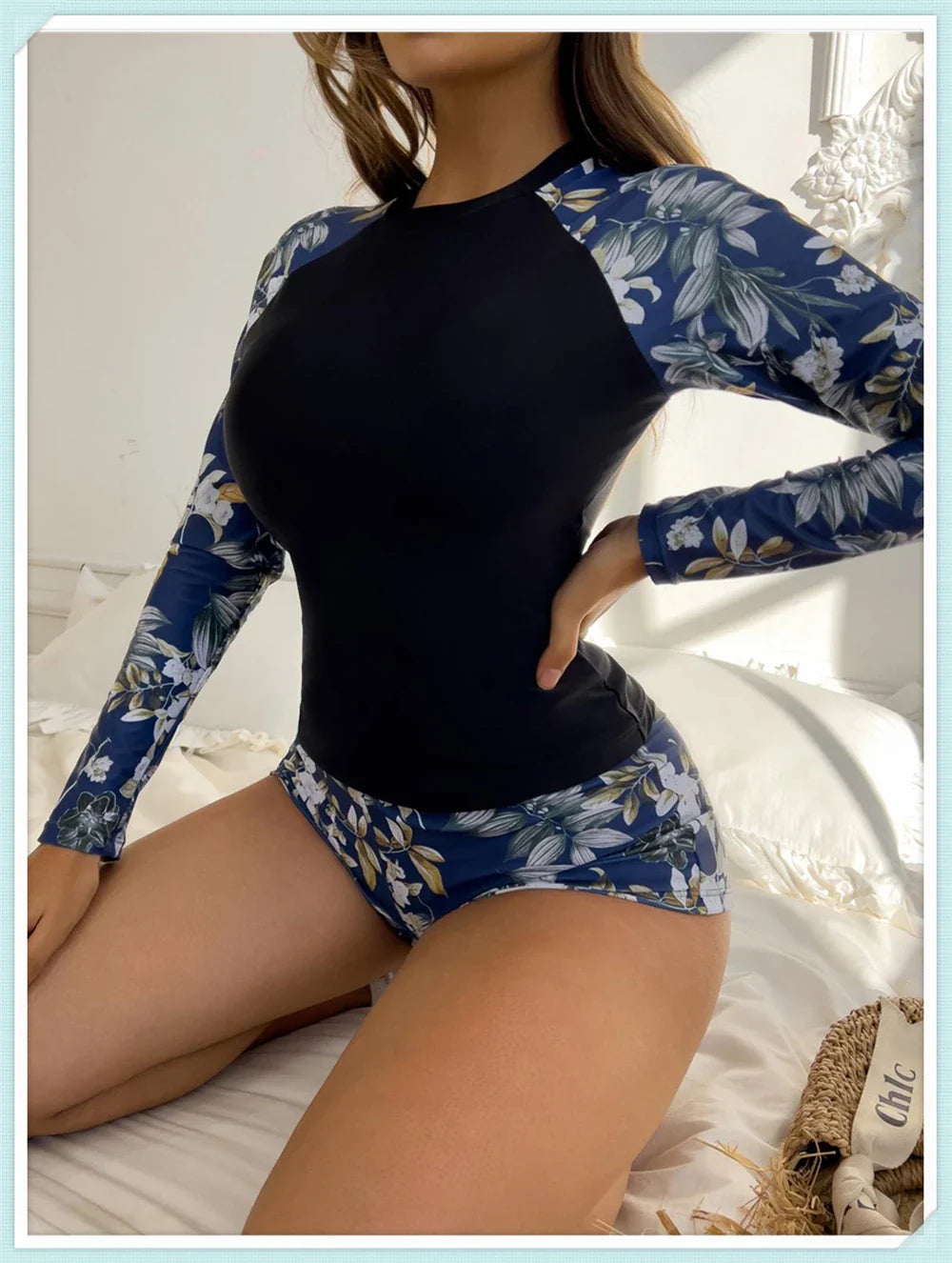 Long Sleeve Rash guard Swimsuit Women Tropical Printed Swimwear Two Pieces Diving Clothes Bathing Suit Surfing Beachwear