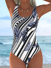 Summer  Blue and White Artistic Floral Print One-Piece Swimsuit, Square Neck Design, Eye-Catching Vintage Fashion Swimwear f
