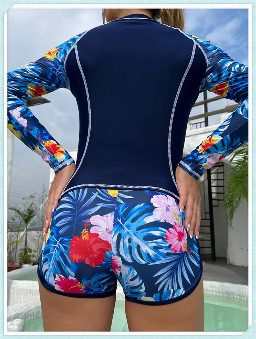 Long Sleeve Rash guard Swimsuit Women Tropical Printed Swimwear Two Pieces Diving Clothes Bathing Suit Surfing Beachwear